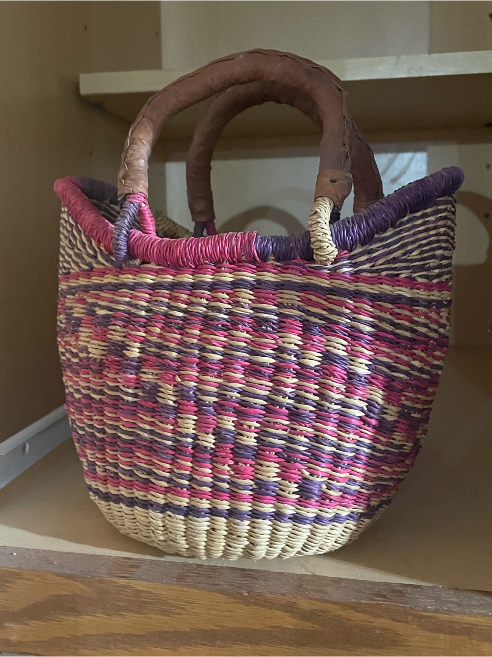 Woven Straw Tote Bag with Pink and Purple Accents